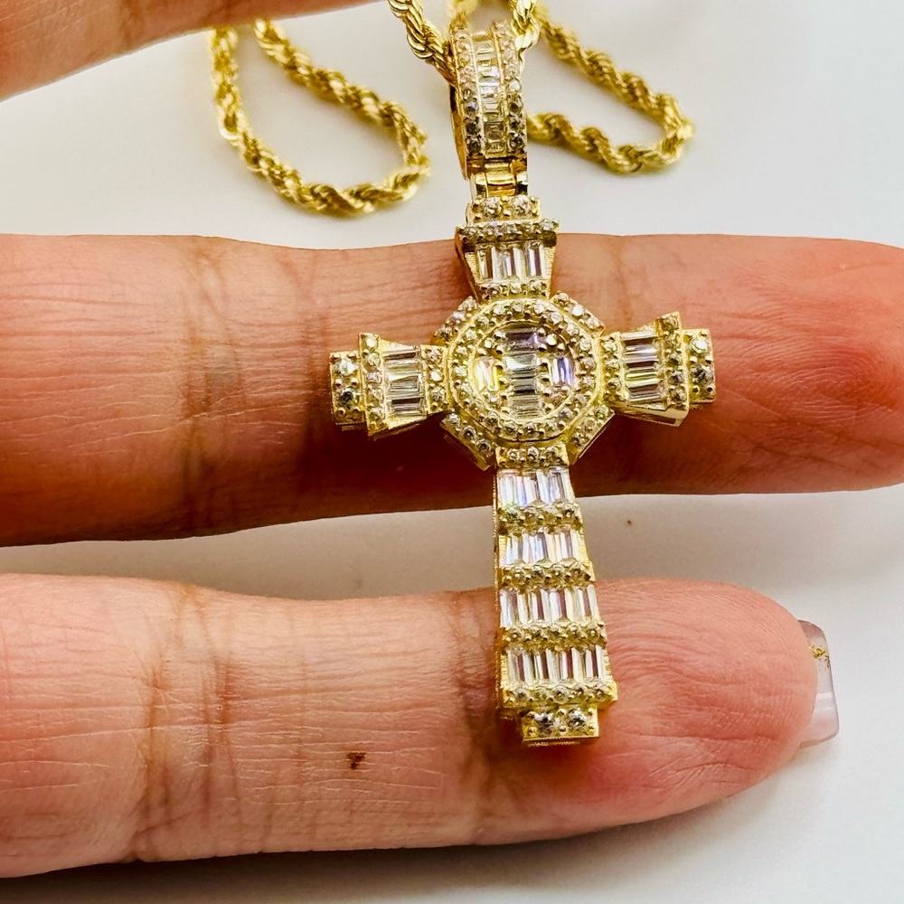 10k Solid Real yellow gold cross pendant iced out baguettes, FREE APPRAISAL,
